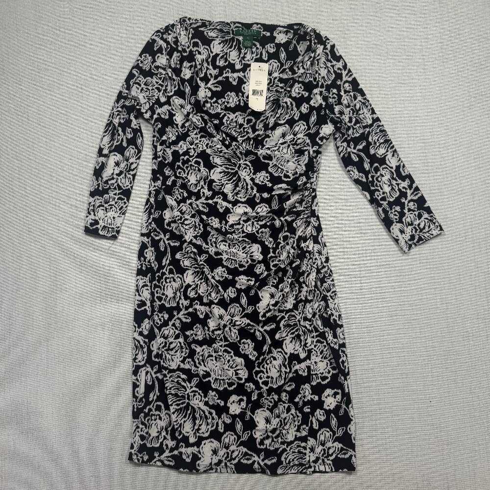 Lauren Ralph Lauren Dress Floral Print Cowl Neck Light Navy Stretch Size 10 NWT - Picture 1 of 10